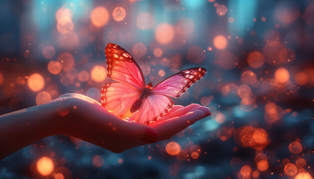 A woman releasing a pink butterfly into the sky, symbolizing transformation, resilience and the journey toward healing. Bokeh background with free space.
