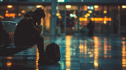 Alone man sits pensively in an empty airport terminal at night, surrounded by the warm glow of lights. Person waiting in deserted terminal. Traveler alone with thoughts in empty airport. - obrazy, fototapety, plakaty