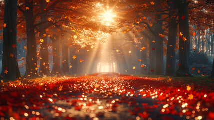 Autumn forest path. Orange color tree, red brown maple leaves in fall city park. Nature scene in sunset fog Wood in scenic scenery Bright light sun Sunrise of a sunny day, morning sunlight view.
