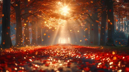 Foto auf Acrylglas Autumn forest path. Orange color tree, red brown maple leaves in fall city park. Nature scene in sunset fog Wood in scenic scenery Bright light sun Sunrise of a sunny day, morning sunlight view. © Matthew