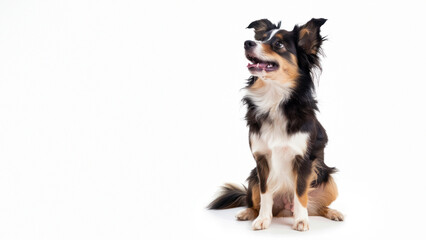 An energetic border collie displays a playful expression on a plain white background, exhibiting intelligence