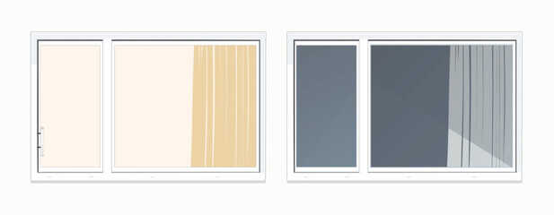 Two-section window with lights on and off. Vector collection.