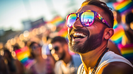 A gay man exudes joy and pride, sporting vibrant rainbow sunglasses at a festive celebration