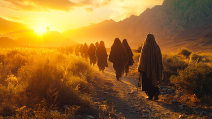 A procession of pilgrims walks along a dusty path towards a distant church