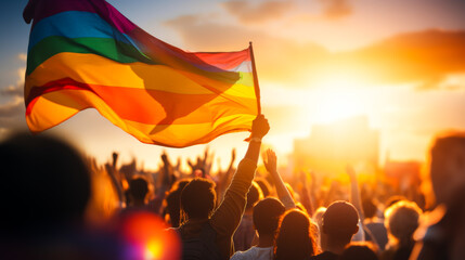 Pride Celebration: Crowd with Rainbow Flag - obrazy, fototapety, plakaty