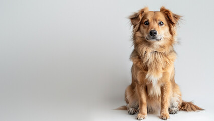 Cute fluffy dog with face blurred, sitting against a plain background, evoking curiosity and privacy