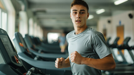 Fototapeta na wymiar Caucasian man running on treadmill in gym.