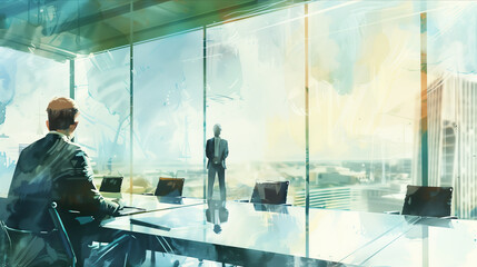 Watercolor illustration of business people having a meeting in the office. - obrazy, fototapety, plakaty
