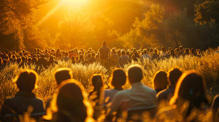 As the sun rises, a congregation gathers outdoors in a serene meadow for a spiritual service
