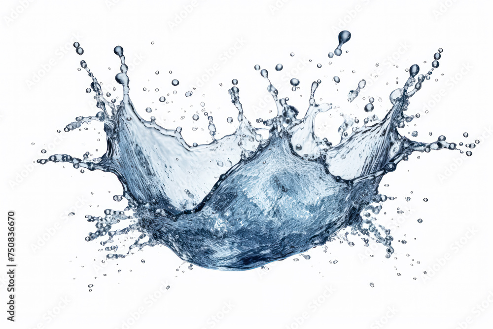 Poster abstract depiction of water splashing against white background, creating dynamic and captivating vis