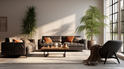 Obraz premium A modern living room featuring a black leather sofa, a wicker coffee table, and a tall indoor palm