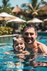 Fototapeta premium Caucasian father and daughter playing in swimming pool at hotel.