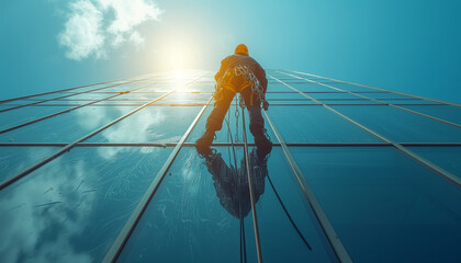 Back View of a high rise man window cleaner in sunlight. Cleaning services at offices, office and industrial buildings, educational establishments, warehouses, retail spaces, areas