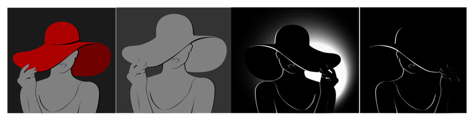 Silhouette of a woman in an elegant hat. A beautiful woman. Icon or avatar. Banner or your advertisement. Universal sign on isolated background.