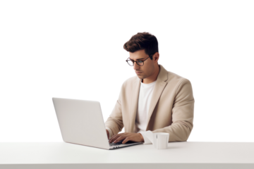 Young man working intently on laptop, working remotely online on a white background