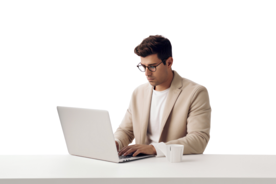 Young man working intently on laptop, working remotely online on a white background - Powered by Adobe