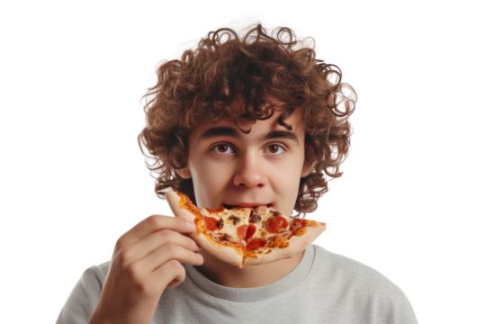 young curly guy eating pizza,Isolated on a transparent background.