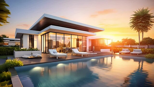 3d rendering of modern house by the river at morning, house, luxury, villa, modern, architecture, building, exterior, residential, property, designer
