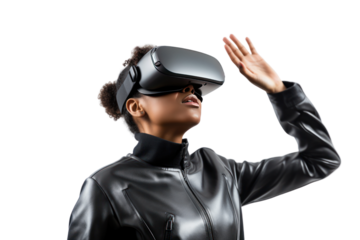 Woman using VR headset to work. VR technology, innovative work efficiency. This image is for use on a technology website.,Isolated on a transparent background.