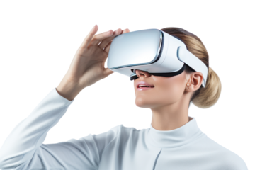 Woman using VR headset to work. VR technology, innovative work efficiency. This image is for use on a technology website.,Isolated on a transparent background.