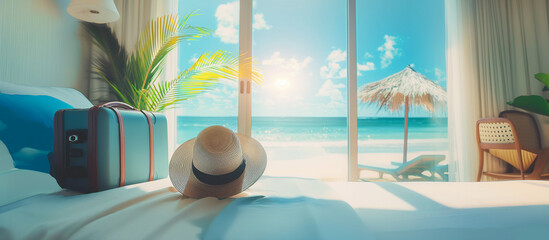 summer vacation concept background at hotel bedroom with view tropical beach