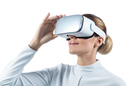 Woman using VR headset to work. VR technology, innovative work efficiency. This image is for use on a technology website.,Isolated on a transparent background.