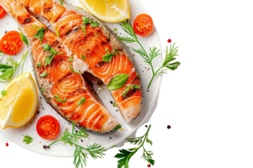 top view of cooked salmon steak with vegetables. Isolated on a transparent background.