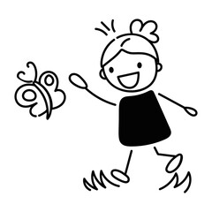 Handy doodle icon of a girl catching butterfly 