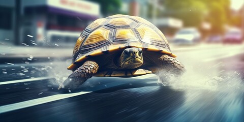 Super fast turtle running at high speed on the street between cars in strategy and innovation concept - obrazy, fototapety, plakaty