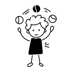Editable doodle icon of a kid juggling balls 