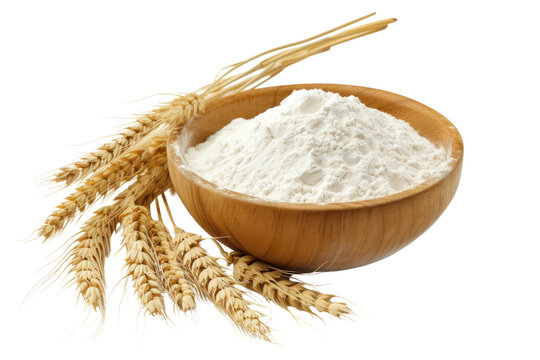 Wheat flour in wooden bowl and ears ,Isolated on a transparent background.