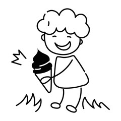 Happy child eating dessert, doodle style icon 