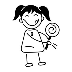 Get this doodle icon of girl eating lollipop