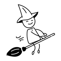 Easy to edit doodle icon of witch broom ride 