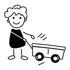 Download doodle icon of kid pushing cart 