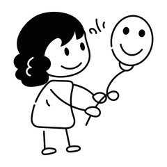 Easy to edit doodle icon of girl holding balloon 