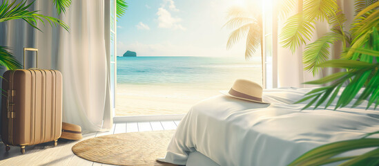 summer vacation concept background at hotel bedroom with view tropical beach