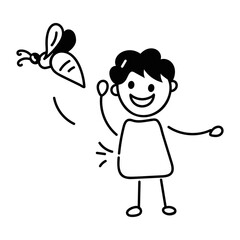 Check out doodle icon of a kid catching bee 