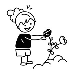 Grab doodle icon of a girl picking flowers 