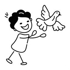 Happy child catching pigeon, doodle style icon 