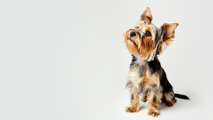 A Yorkshire terrier appears pensive with a head tilt, radiating personality and inquisitiveness
