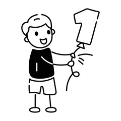 Happy boy holding number balloon, doodle icon 