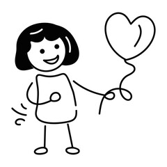 Cute girl holding heart balloon, doodle style icon 