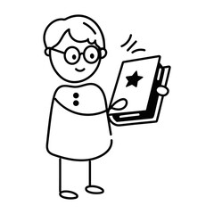 A doodle style icon of kid holding book 