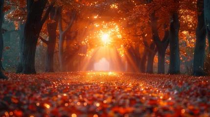 Deurstickers Autumn forest path. Orange color tree, red brown maple leaves in fall city park. Nature scene in sunset fog Wood in scenic scenery Bright light sun Sunrise of a sunny day, morning sunlight view. © Matthew