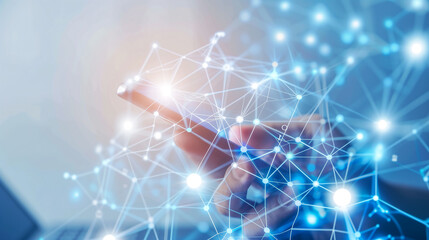 Close-up of a person's hand using a smartphone with a conceptual digital network connection interface overlay symbolizing global connectivity
