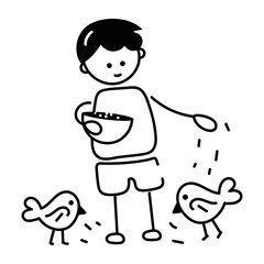Handy doodle icon of kid feeding chicks 