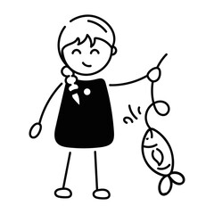 Handy doodle icon of a girl catching fish 