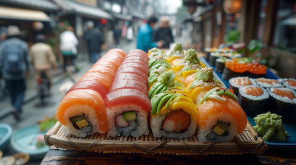 Mixed sushi roll pieces on a wooden tray in a street Japanese restaurant.