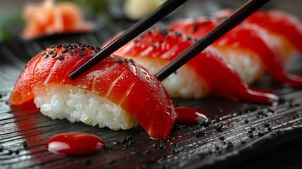 Fotobehang Closeup of a Japanese red tuna nigiri sushi taken by chopstick. © Andrea Raffin